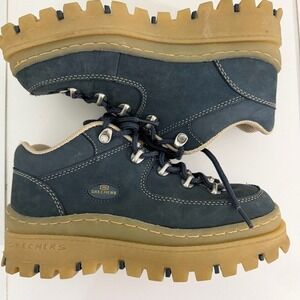 Skechers Jammers Vintage Blue Leather Platform Boots Chunky Lug Sole 8